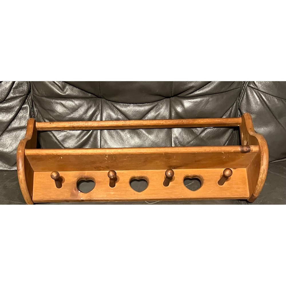 Vintage Wooden Wall Shelf Coat Rack Heart Cutouts Pegs Country Cottagecore 24"